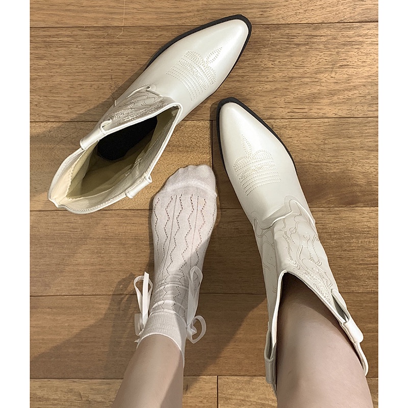 Giày Bốt Cao Bồi Mũi Nhọn Màu Trắng Phong Cách Retro Phương Tây Thời Trang Mùa Hè 2023 Mới
