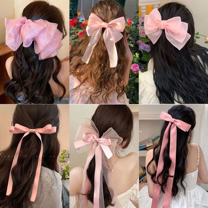 Kẹp Tóc Nơ Lưới Màu Hồng Phong Cách Hàn Quốc