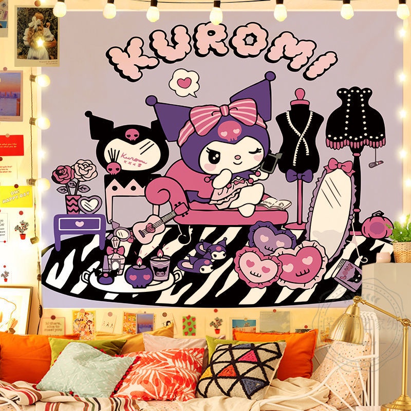 Tấm thảm quế con chó nền vải trong phim hoạt hình cô gái trái tim kuromi tấm thảm phòng ngủ tập thể đầu giường sanrio vải trang trí ộc Mới rèm cửa dán tường ，tranh vải treo tường decor，2m