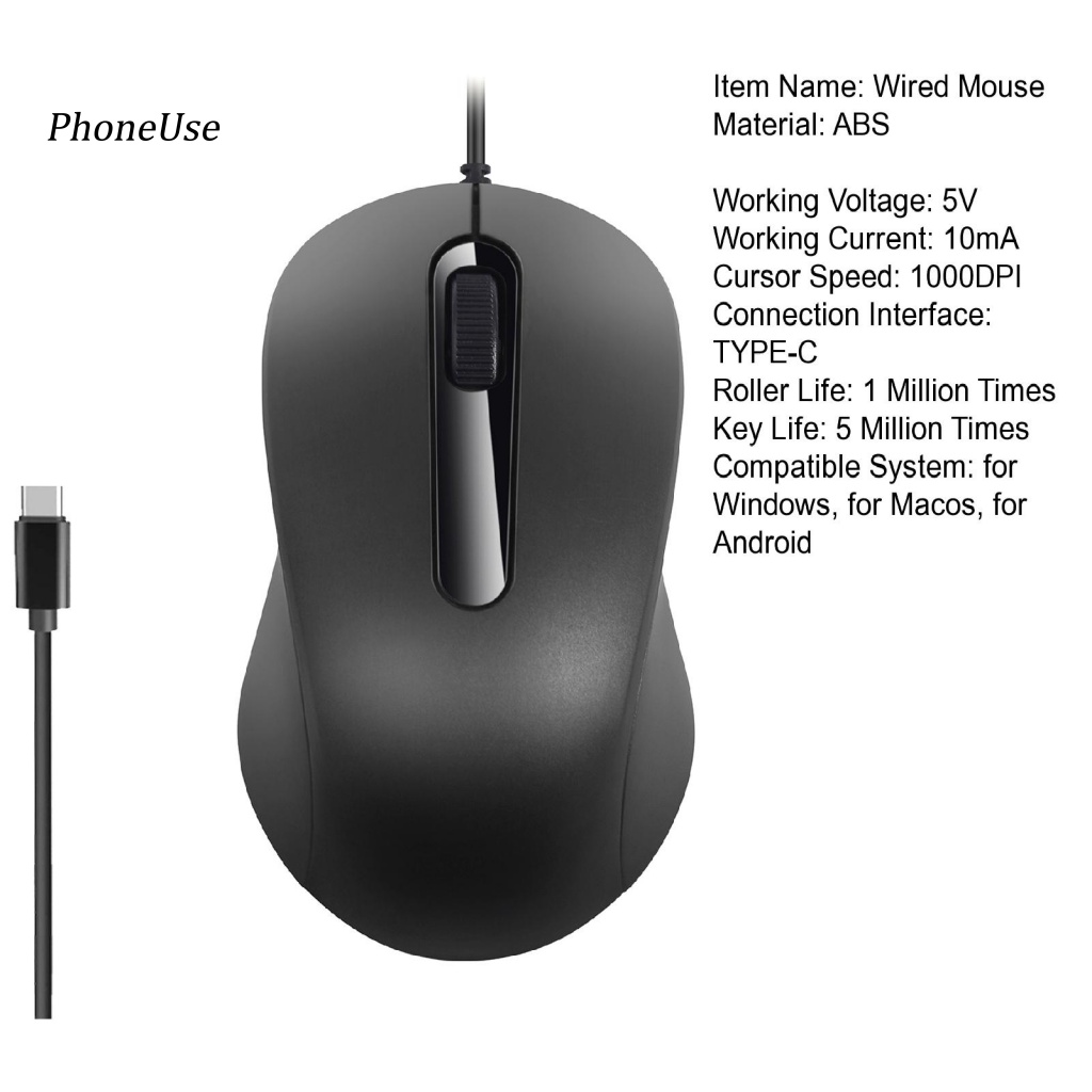 Chuột Máy Tính Có Dây 1000DPI Type-C Bằng PU Tương Thích Với PC Laptop