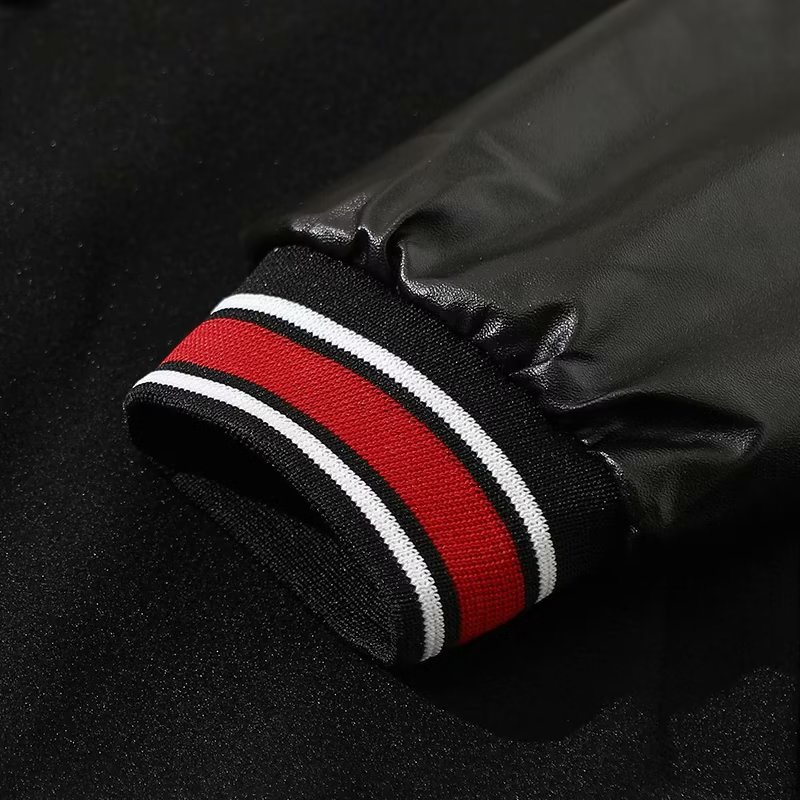 Áo Khoác Bóng Chày Bằng Da Phối Len Thêu Họa Tiết Màu Đỏ Đen Phong Cách Retro Mỹ Thời Trang Cho Nam