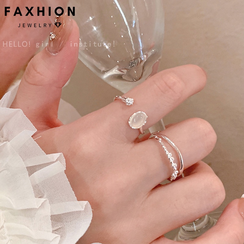 Set 2 Nhẫn Hở Mạ Bạc Đính Đá Mặt Trăng Thời Trang Cho Nữ