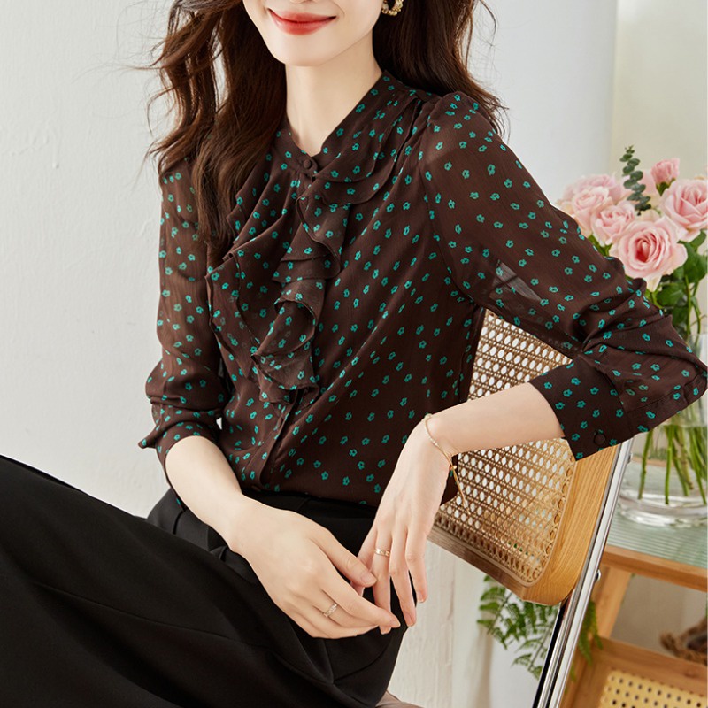 Đầu nhân ◆Trong kho◆Lãng mạn pháp retro!Lá sen ren cổ áo dài tay áo chấm bi đầu mùa xuân ww