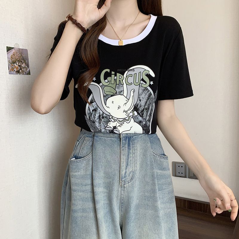 Áo Thun Tay Ngắn Dáng Rộng In Họa Tiết Màu Sắc Tương Phản Thời Trang Cho Nữ Có 4 Màu