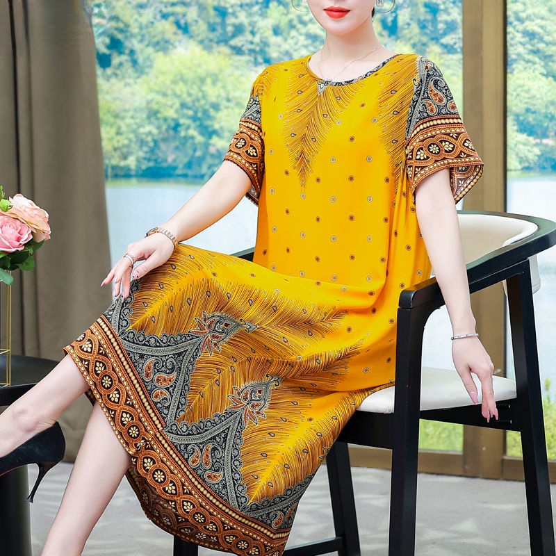 Đầm Mùa Hè Cao Cấp Tay Ngắn Kích Thước Lớn In Họa Tiết Phong Cách Mới 2023 Cho Nữ Trung Niên
