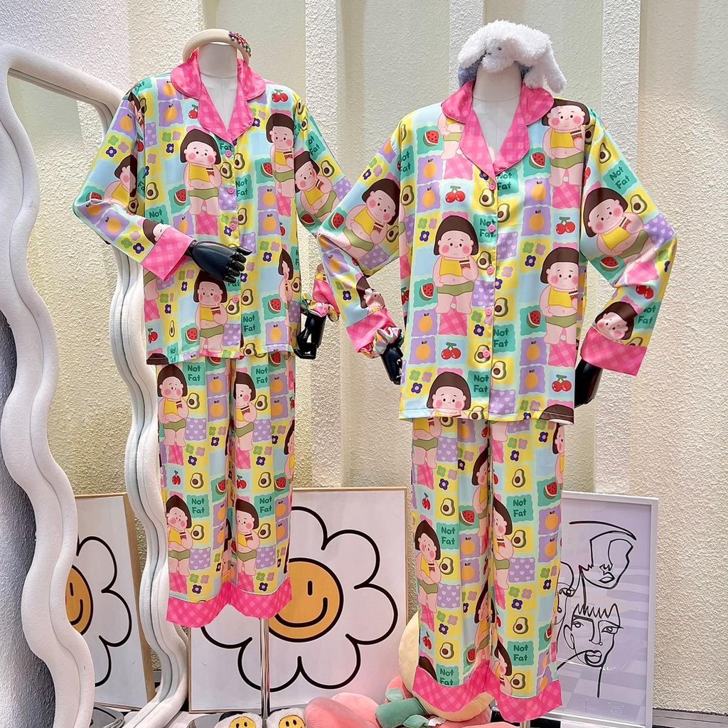 Bộ Pijama quần dài , áo tay dài in hình em bé béo trái cây phối lai caro kèm cột tóc - HN1502
