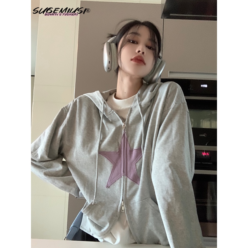 Áo Hoodie Tay Dài Có Khóa Kéo Đôi Thời Trang Mùa Thu Hàn Quốc Mới Cho Nữ
