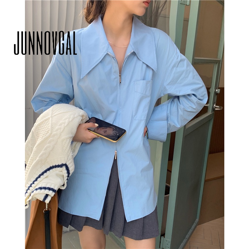 Junnovgal women 2023 thời trang mới áo sơ mi xanh cao cấp của pháp với áo sơ mi dài sang trọng