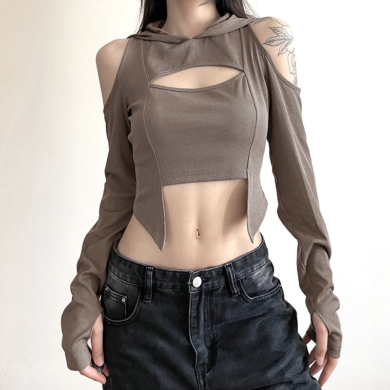 Kliou Áo Croptop Có Mũ Trùm Đầu Tay Dài Khoét Lỗ Kiểu Dáng Đơn Giản Thời Trang vintage Dành Cho Nữ