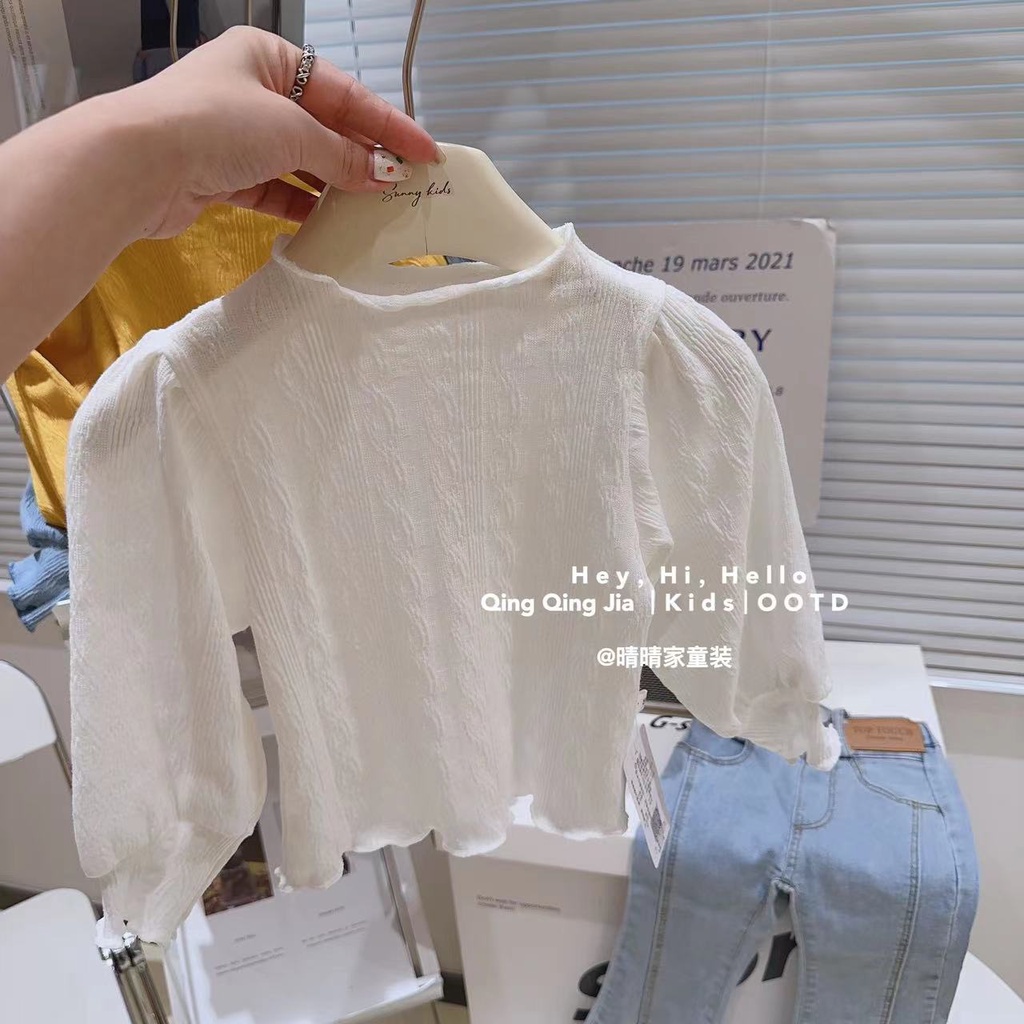 Áo Dệt Kim Tay Phồng Phối Ren Phong Cách Hàn Quốc Thời Trang Mùa Thu Mới 2023 Cho Bé Gái 80-150CM