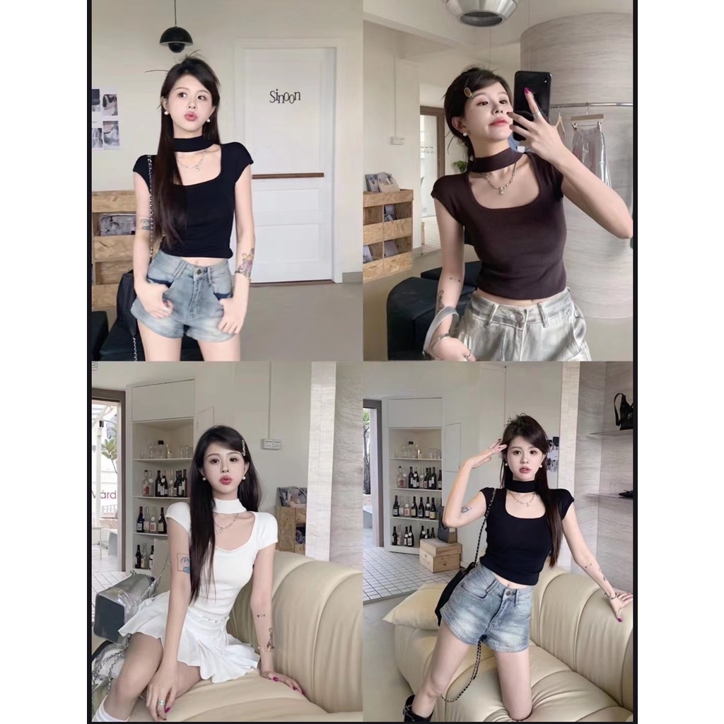 Small slim shoulder knitted T-shirt women's short sweet clavicle square collar top women's summer thin niche simple MC outfit GOJS