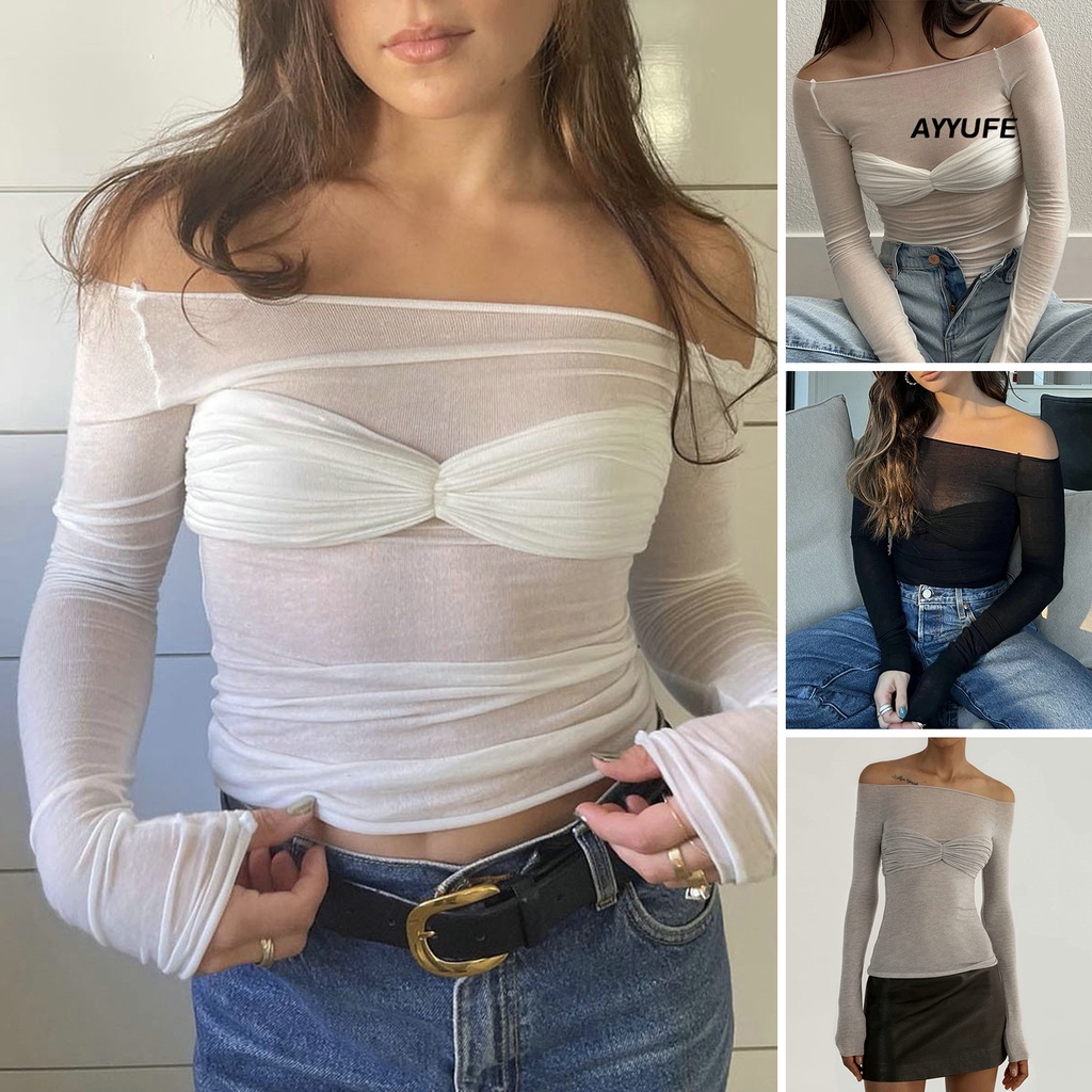 Ayyufe xếp ly bandeau dài tay phụ nữ t-shirt mỏng đàn hồi mỏng phù hợp sexy off shoulder see-through tee áo sơ mi hàng ngày