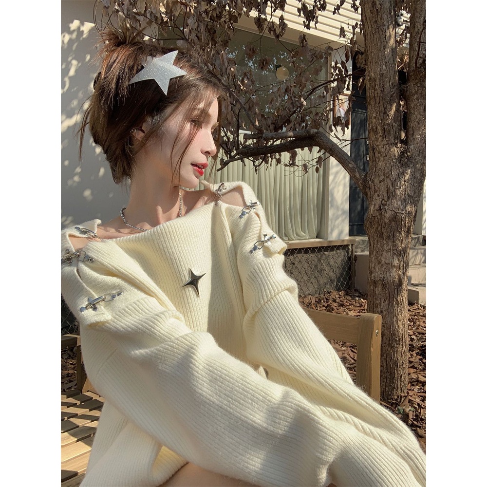 Áo sweater Dệt Kim Lệch Vai Phối Nút Thời Trang Mùa Xuân 2023 niqi