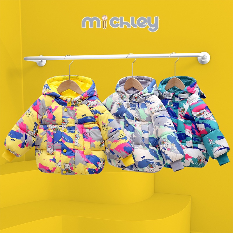 Michley mùa thu và mùa đông mới trẻ em vịt vàng nhỏ quần áo đệm dày bé trai và bé gái áo khoác đệm gió graffiti