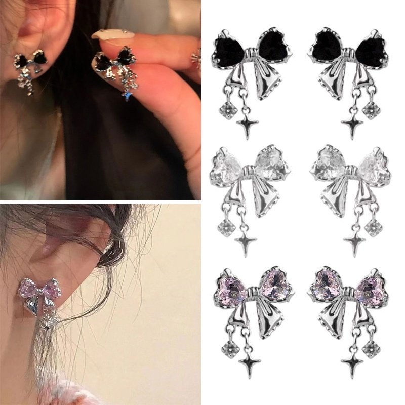 Đôi Bông Tai Hình Nơ Đính Đá zircon Thời Trang Mùa Thu