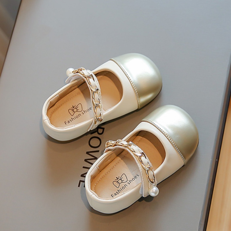 Elegant simple glossy leather flat shoes for baby girls màu ngọc trai phù hợp với đế mềm chống trượt giày trẻ em 2-12 tuổi