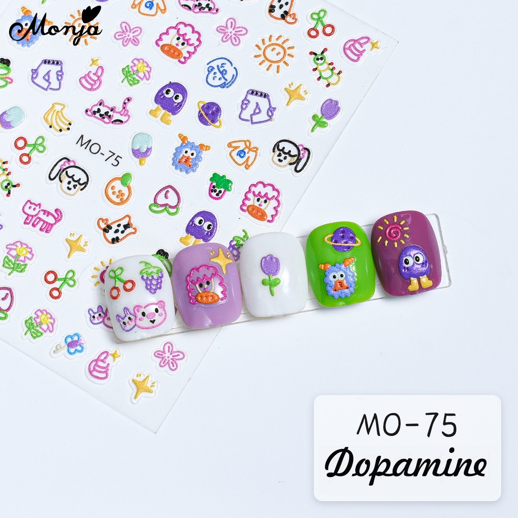 Hình dán móng dopamine MONJA tự dính họa tiết hoạt hình nổi 5D 6 kiểu dáng dễ thương trang trí nghệ thuật