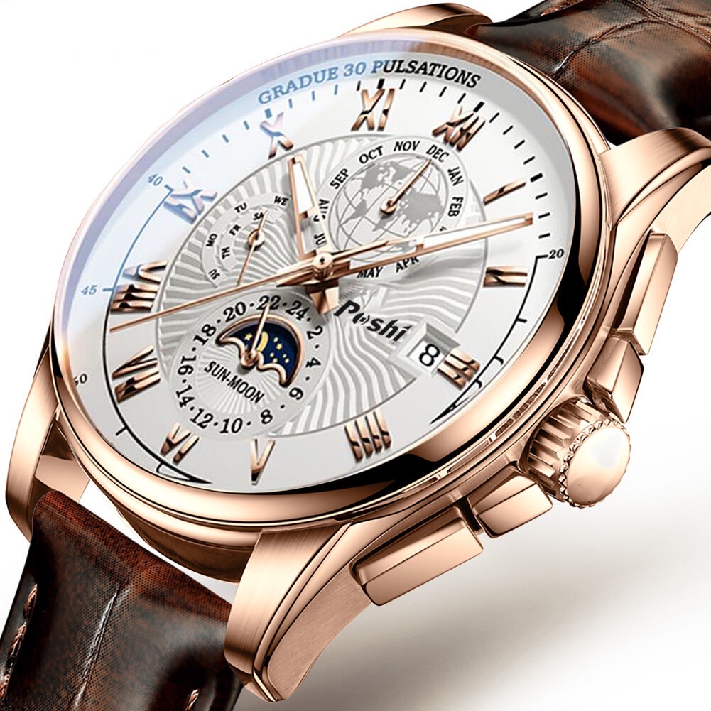 Popkozzi men'sluminous calendar đồng hồ thông thường da thạch anh đồng hồ đeo tay thời trang không thấm nước