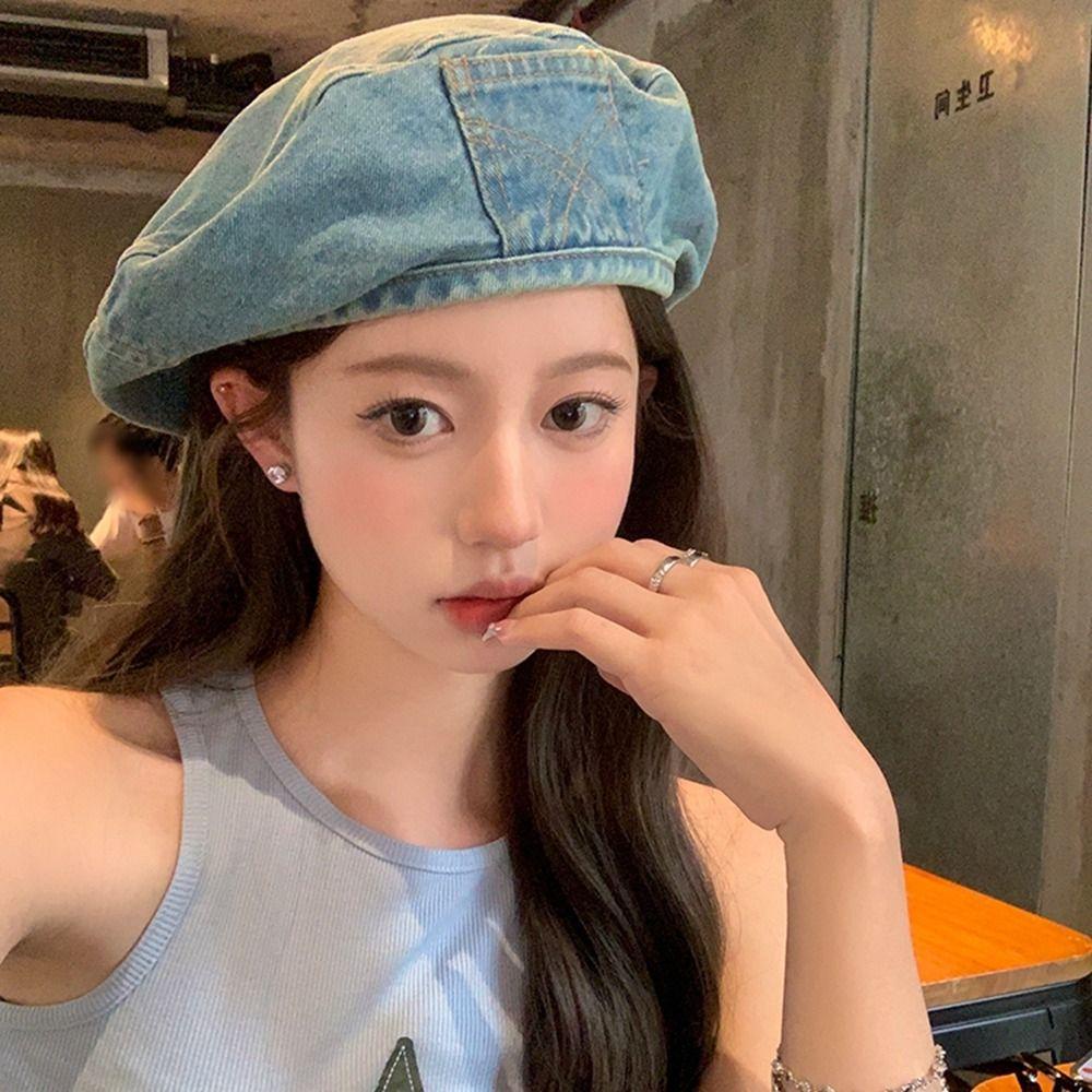 Bliss denim beret, mũ bát giác phong cách hàn quốc, thời trang newsboy mũ nghệ sĩ mũ vải cô gái
