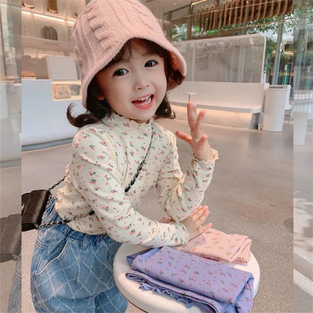 Girls spring new children long-sleeved t-shirt spring and fall half-high neck floral bottom shirt áo sơ mi thời trang cho bé