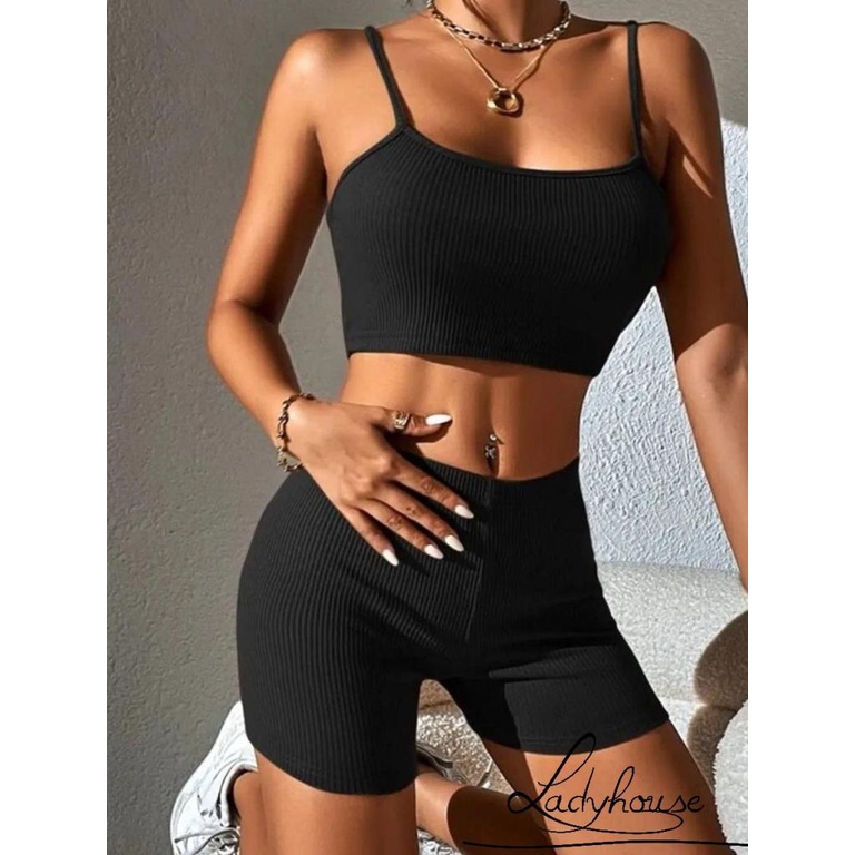 Set Đồ Mùa Hè 2 Món Gồm Áo Hai Dây Gân Gân + Quần Ngắn Eo Cao Cho Nữ Tập yoga