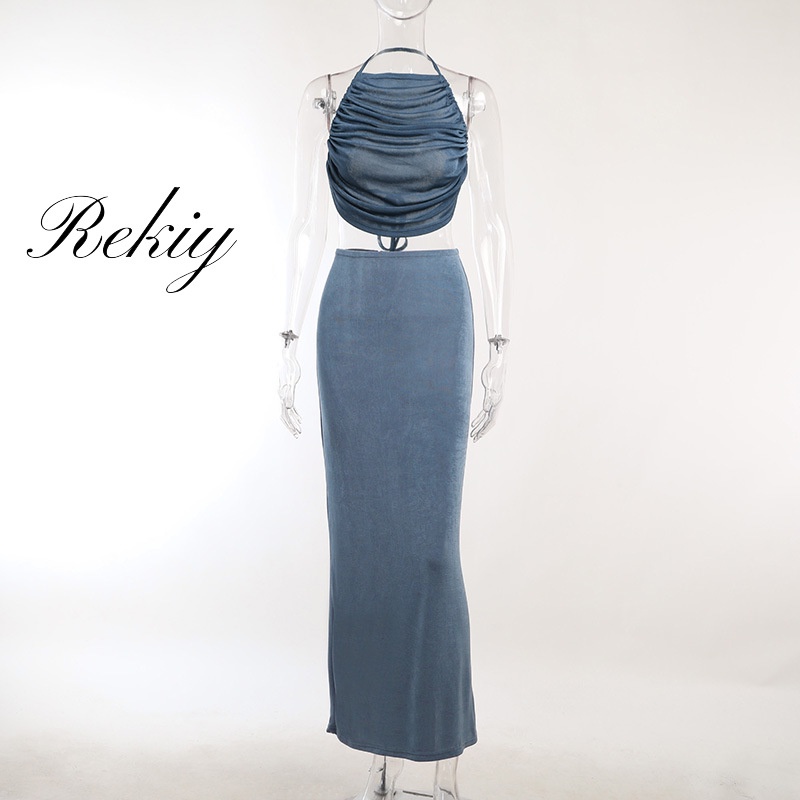 Rekiy women individual sets 2023 new tendency shrinking pleated backless navel short top + slim-fitting hip-wrapped skirt set