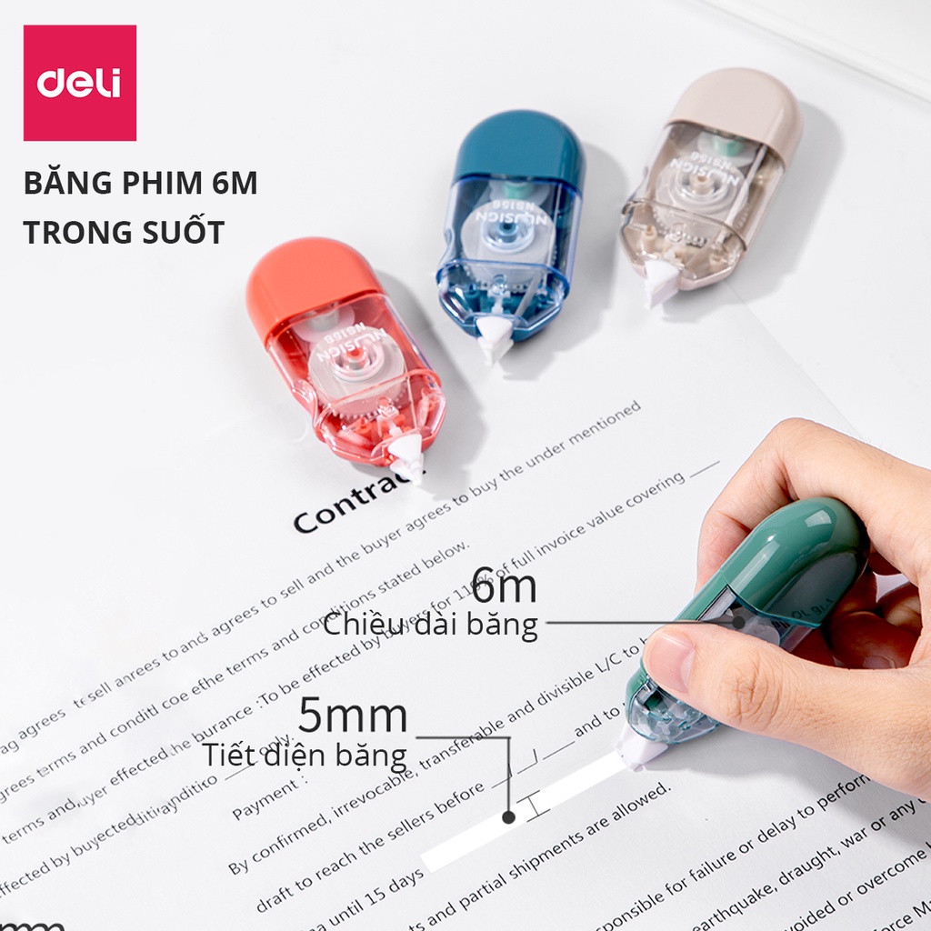 Bút xóa băng kéo 6m dạng film cao cấp Deli - Kích thước 6mx5mm - Trắng/Đỏ/Xanh dương/Xanh lá