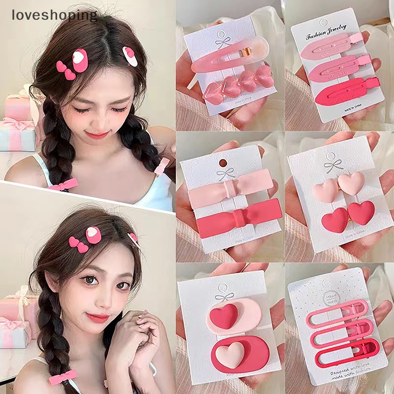 Set 2 / 3 Kẹp Tóc Nơ / Trái Tim Màu Hồng Dễ Thương Cho Bé Gái