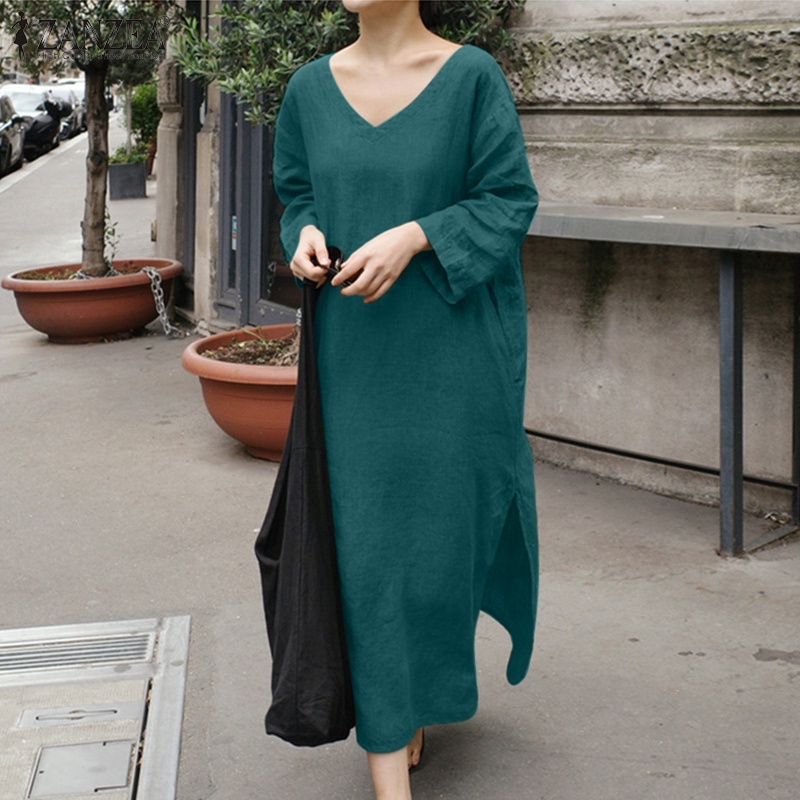 Zanzea Đầm Nữ Dài Tay Cổ Chữ V Xẻ Tà Quyến Rũ