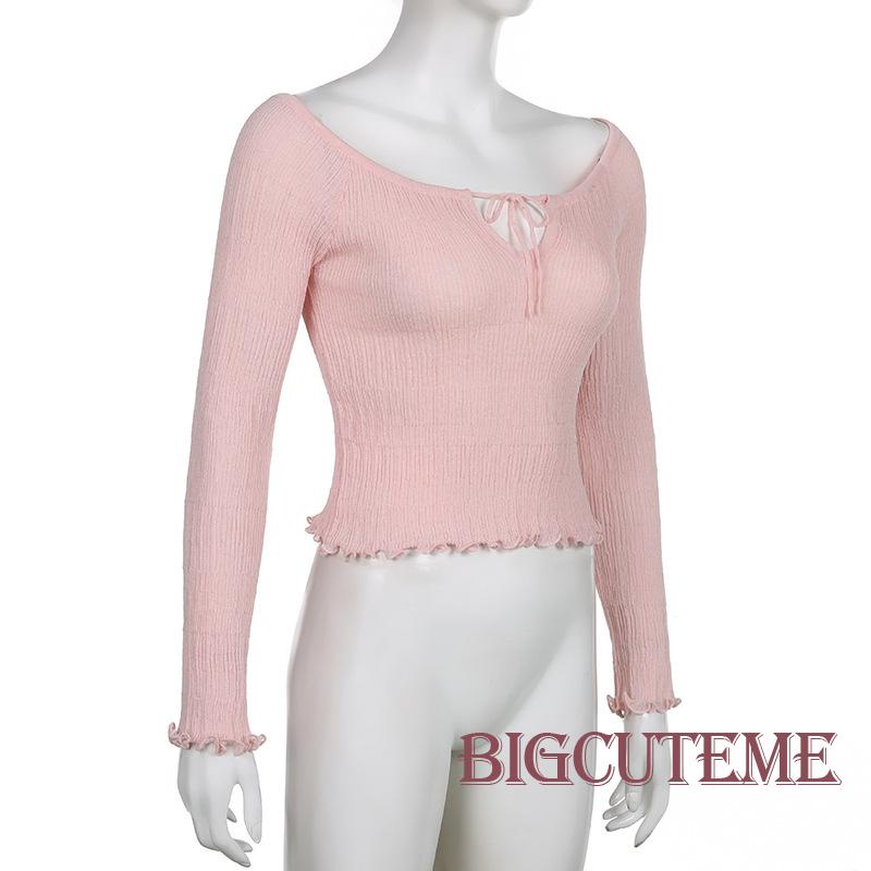 Áo Thun Tay Dài Cổ Tròn Buộc Dây Dáng Ôm Màu Trơn Thời Trang Thường Ngày Cho Bạn Gái