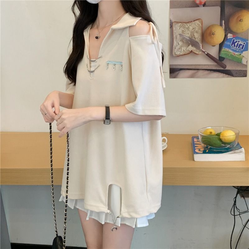 Áo Thun polo Tay Ngắn Cổ Chữ V Hở Vai Phối Dây Rút Kích Thước Lớn Phong Cách Preppy Cho Nữ