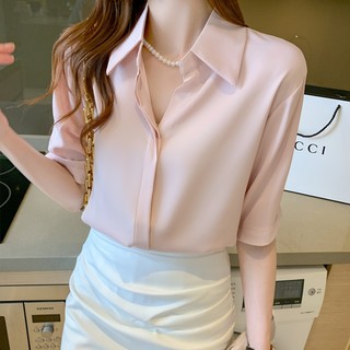 Mùa Hè Acetate Satin Ngọc Trai Nửa Tay Áo Sơ Mi Pháp Tính Khí Cao Cấp Sense Trơn Áo Sơ Mi OL Chuyên Nghiệp Chui Đầu Top Nữ