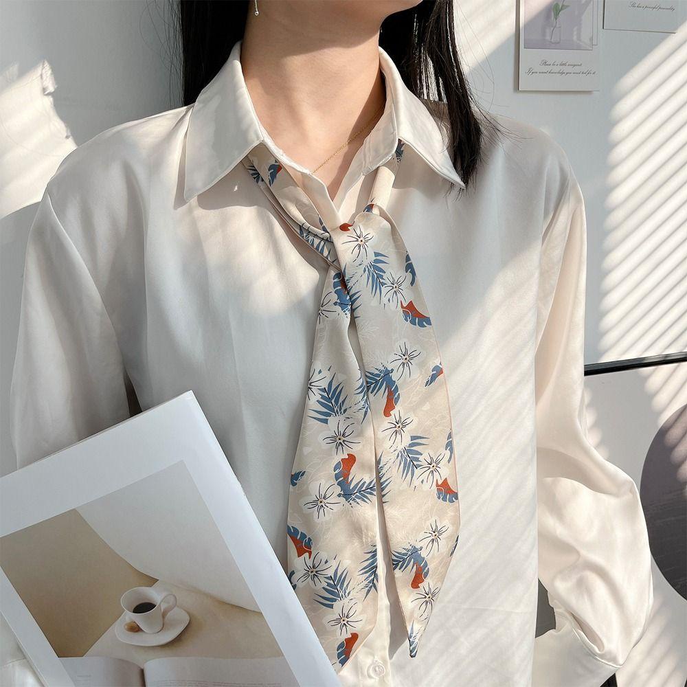 1 Khăn Quàng Cổ / Băng Đô Cài Tóc / Khăn Quàng Cổ Vải Lụa Satin In Họa Tiết Hoa Lá Kẻ Sọc Phong Cách Hàn Quốc Ngọt Ngào Dễ Phối Đồ Cho