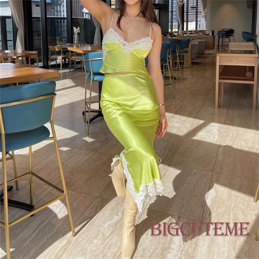 [] - Set 2 Món Áo Không Tay Cổ Chữ V Phối Ren Thanh Lịch + Chân Váy Dài Lưng Cao Xẻ Tà Màu Trơn / Hồng / Xanh Dương / Trắng