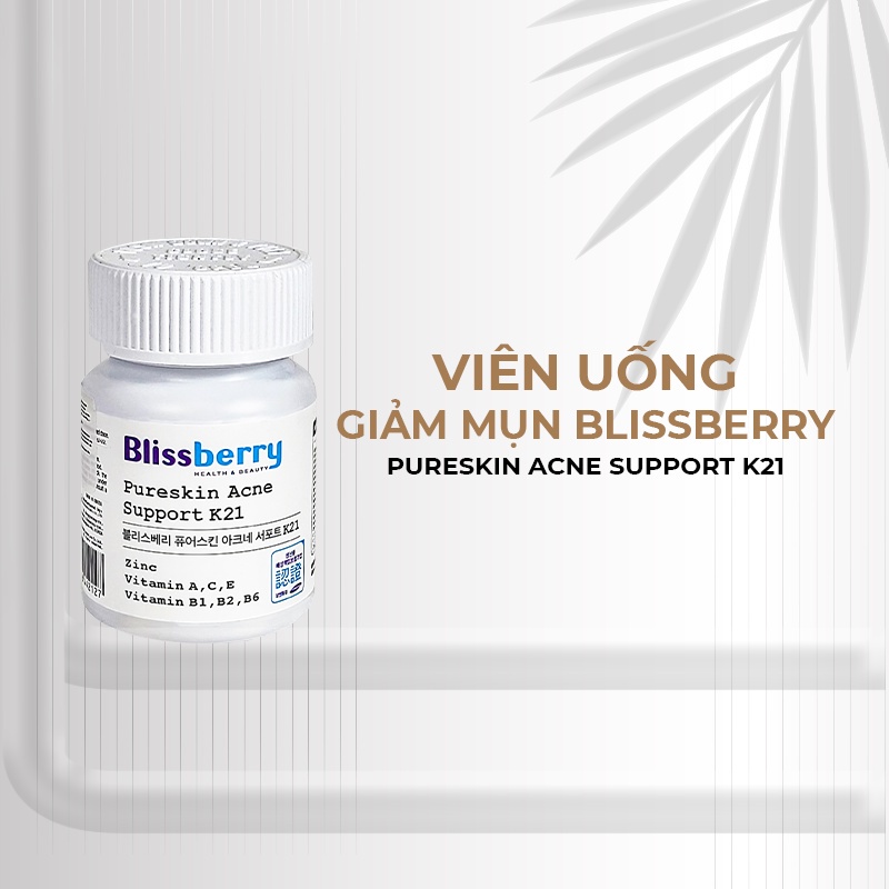 Viên uống Kẽm giảm mụn Blissberry Pureskin Acne Support K21 20 viên