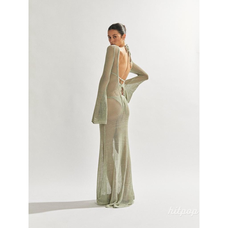 Áo Dệt Kim Tay Dài Cổ Tròn Màu Trơn Thời Trang Đi Biển Mùa Hè Cho Nữ