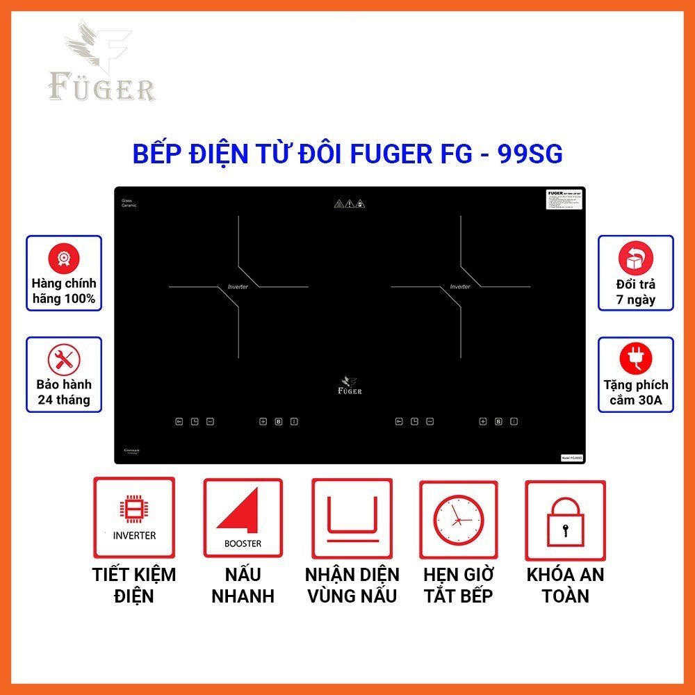 Bếp từ đôi Fuger FG - 99SG. Bếp điện từ đôi Inverter siêu tiết kiệm điện, bếp từ để âm và dương đều được, bảo hành 2 năm