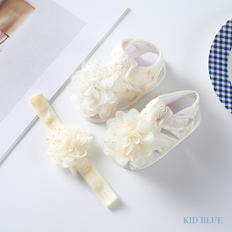 Giày Sandal Công Chúa Mùa Hè Phiên Bản Hàn Quốc Có Băng Đô Màu Sắc Tương Phản Trang Trí Hoa Cho Bé Gái 0-1 Tuổi