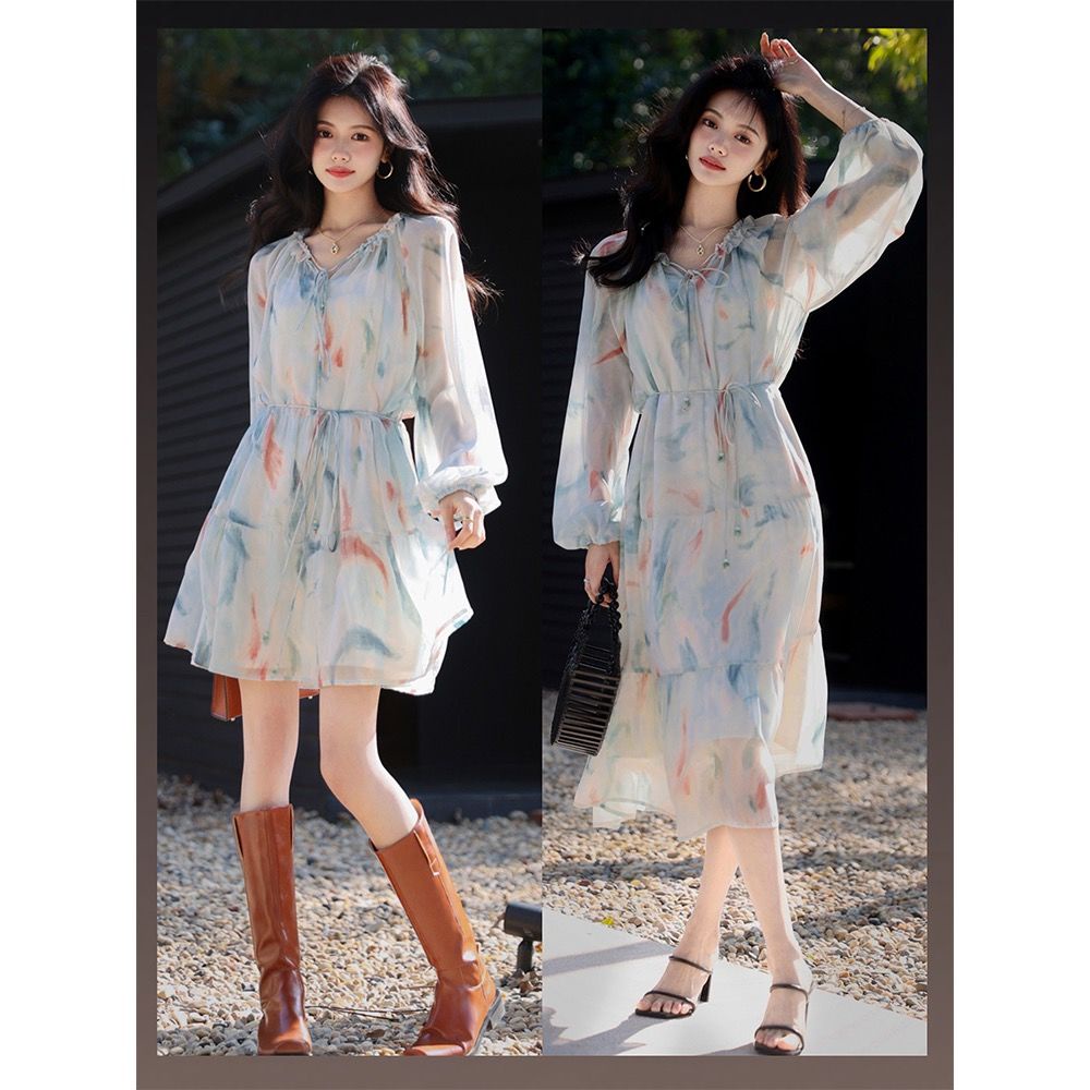 Đầm Voan Tay Phồng In Họa Tiết Xinh Xắn Thiết Kế Mới Thời Trang