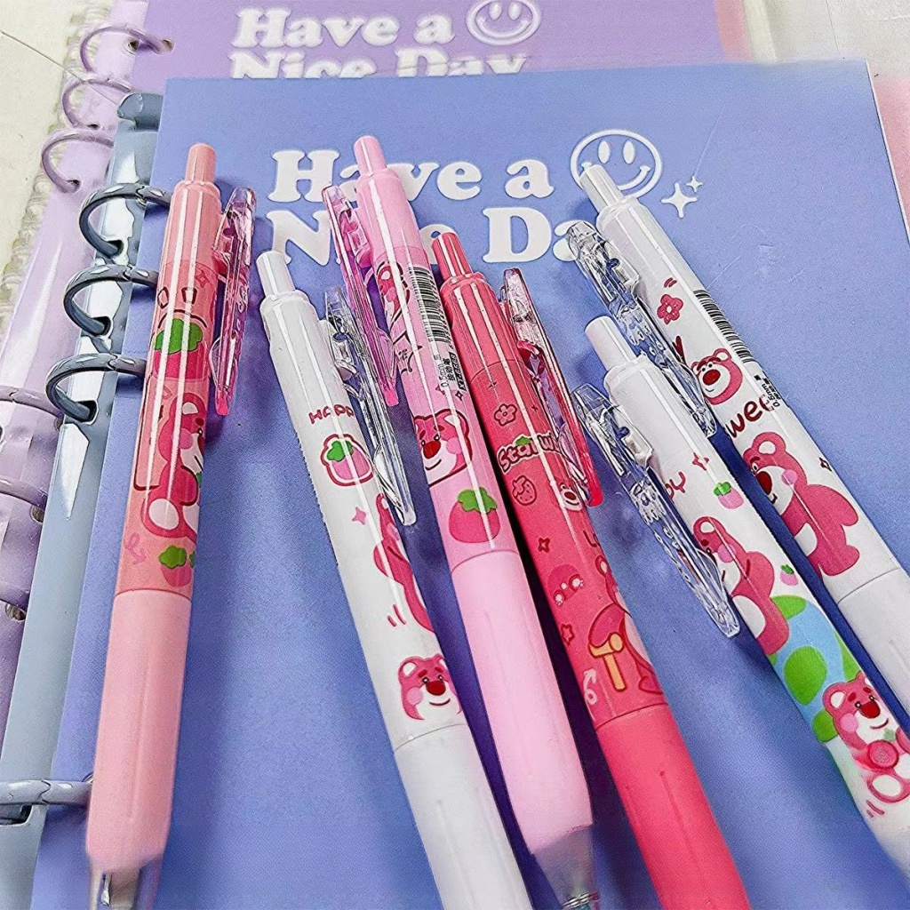 Bộ 6 Bút Mực Gel Ngòi 0.5Mm Màu Đen In Hình Gấu / Dâu Tây Kiểu Công Nghệ Cao Nhanh Khô