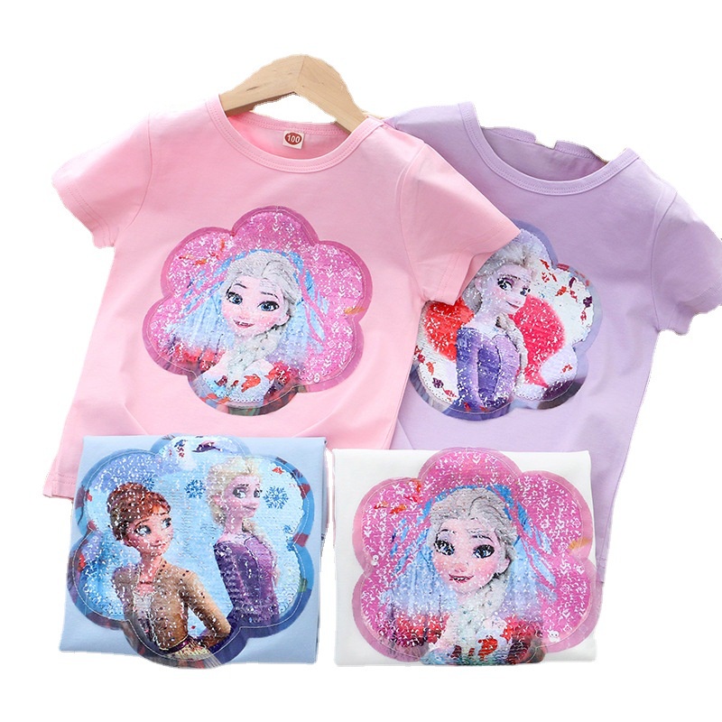 Áo Thun Cotton Tay Ngắn In Hình Công Chúa Elsa Đính Kim Sa Nhiều Màu Sắc Thời Trang Mùa Hè Cho Bé Gái 2-8 Tuổi
