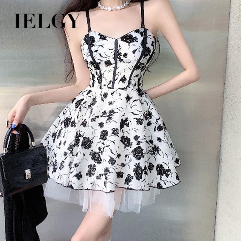 IELGY  Đầm Hai Dây Phối Lưới Họa Tiết Hoa Dáng Ôm Thời Trang Cho Nữ