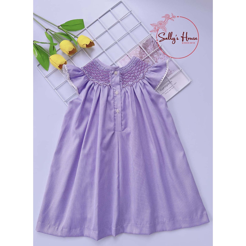 Đầm xích móc tím cho bé gái, vải cotton lụa mềm ít nhăn. đầm bé gái hai lớp