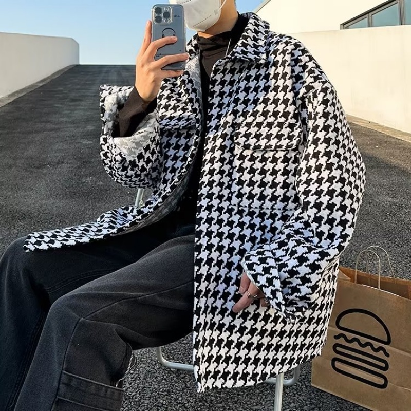 Áo Khoác Sơ Mi Nam Dài Tay Dáng Rộng Họa Tiết Caro Phong Cách Retro