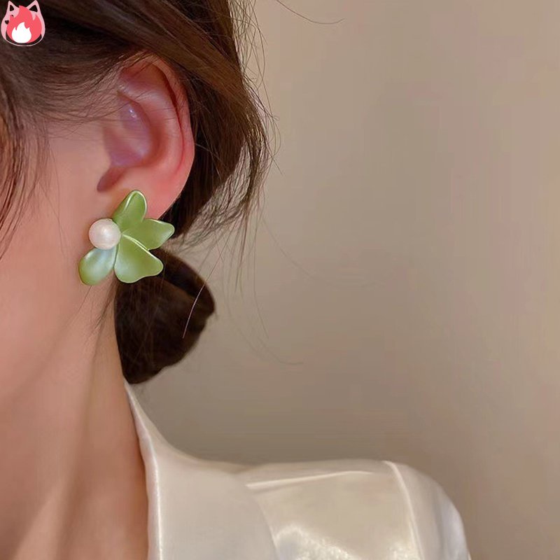 Bông Tai Ngọc Trai Hình Cánh Hoa Màu Xanh Lá Phong Cách Bohemian Đơn Giản Thời Trang Cho Nữ