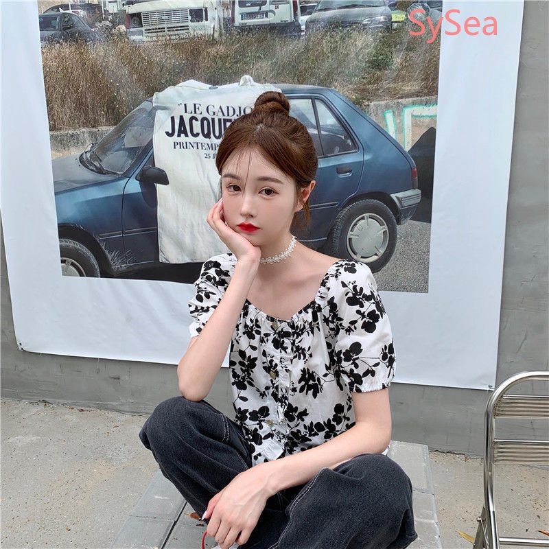 Áo Kiểu Tay Phồng Cổ Vuông Họa Tiết Hoa Phong Cách Hàn Quốc