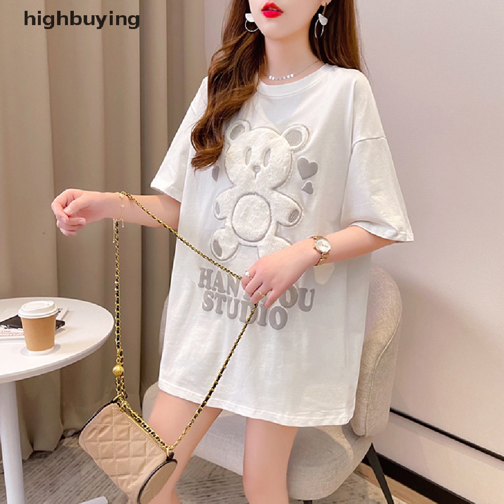 Áo Thun Tay Ngắn Cổ Tròn Thêu Hình Gấu Hoạt Hình Dành Cho Nữ