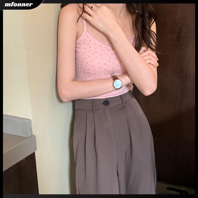 Áo Hai Dây Bằng Vải Cotton Pha Phối Ren Hoa Nhỏ Ôm Dáng Cho Nữ