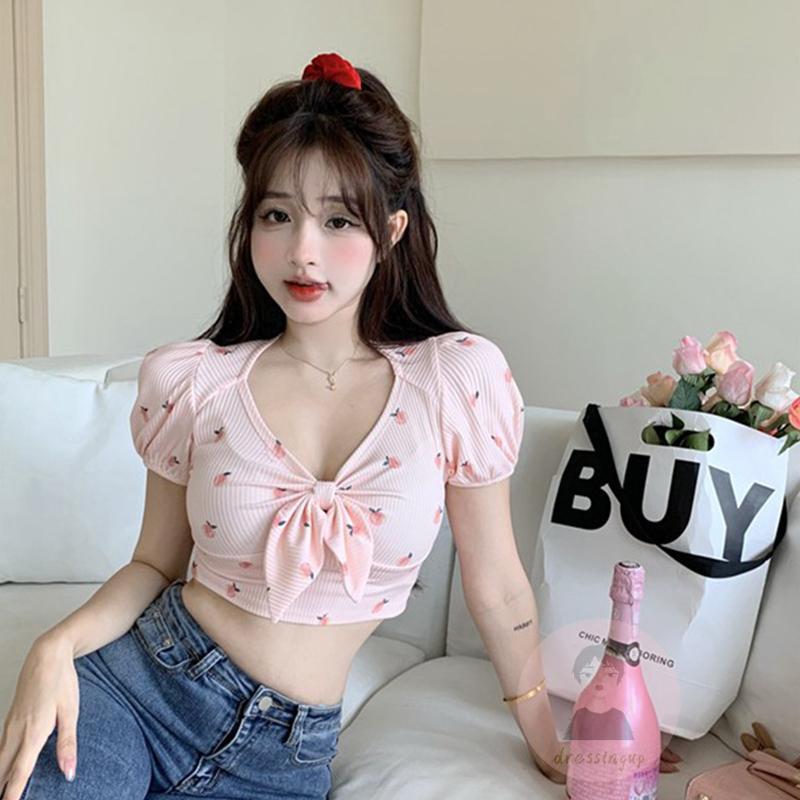 Áo Thun Tay Ngắn Cổ Chữ V Thắt Nơ In Hình Quả Đào Thời Trang Mùa Hè Cho Nữ