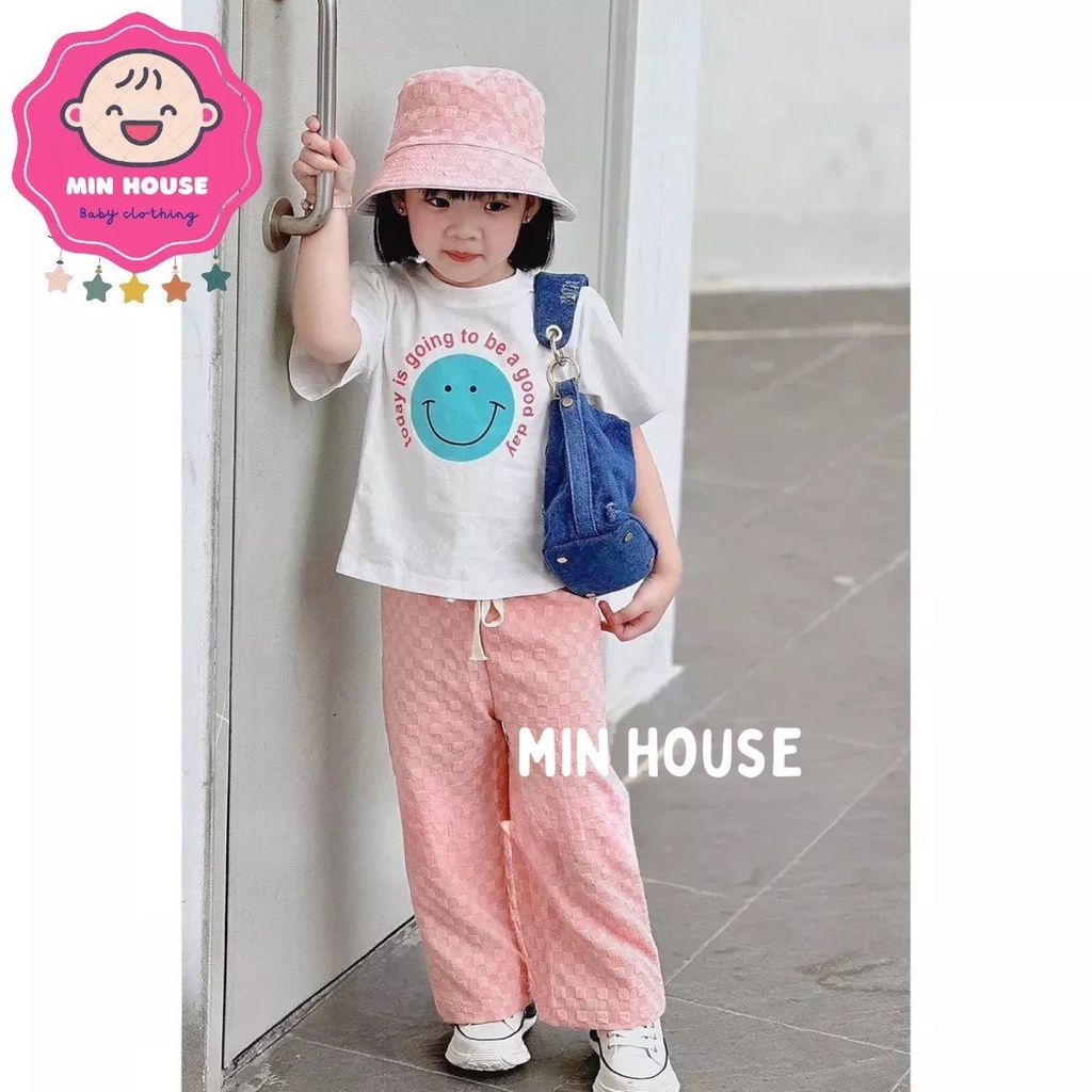 (10-30kg) Set áo cotton tàu mặt cười phối quần xốp dáng xuông cho bé diện hè, đi học, đi chơi